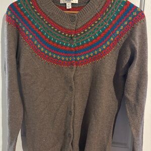 Liz Claiborne Brown Cardigan with Red and Green Pattern